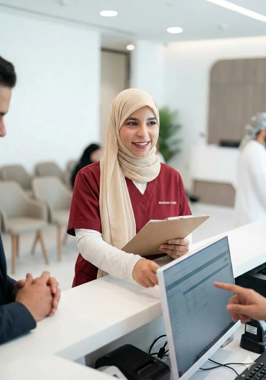 Dr. Fathima Sumayya managing patient flow and clinic operations at Magnum Clinic